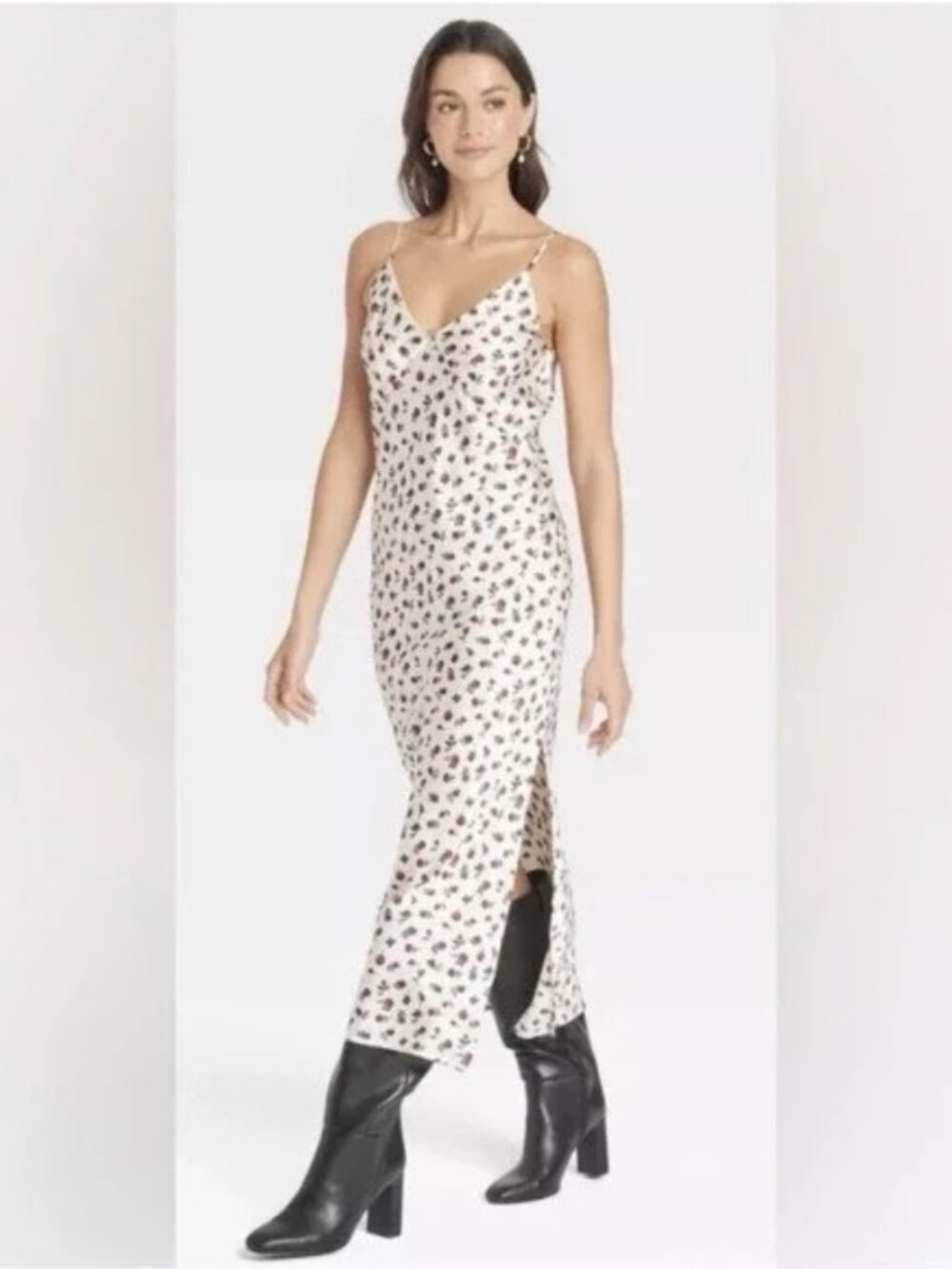 Rose Print Satin Slip Dress Midi Side Slit 90s Floral Adjustable Straps M